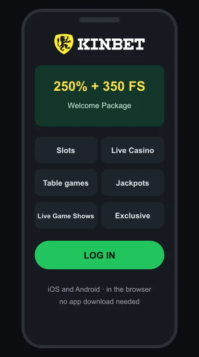 Kinbet in your mobile browser: welcome package, lobby categories and Log In button on a phone